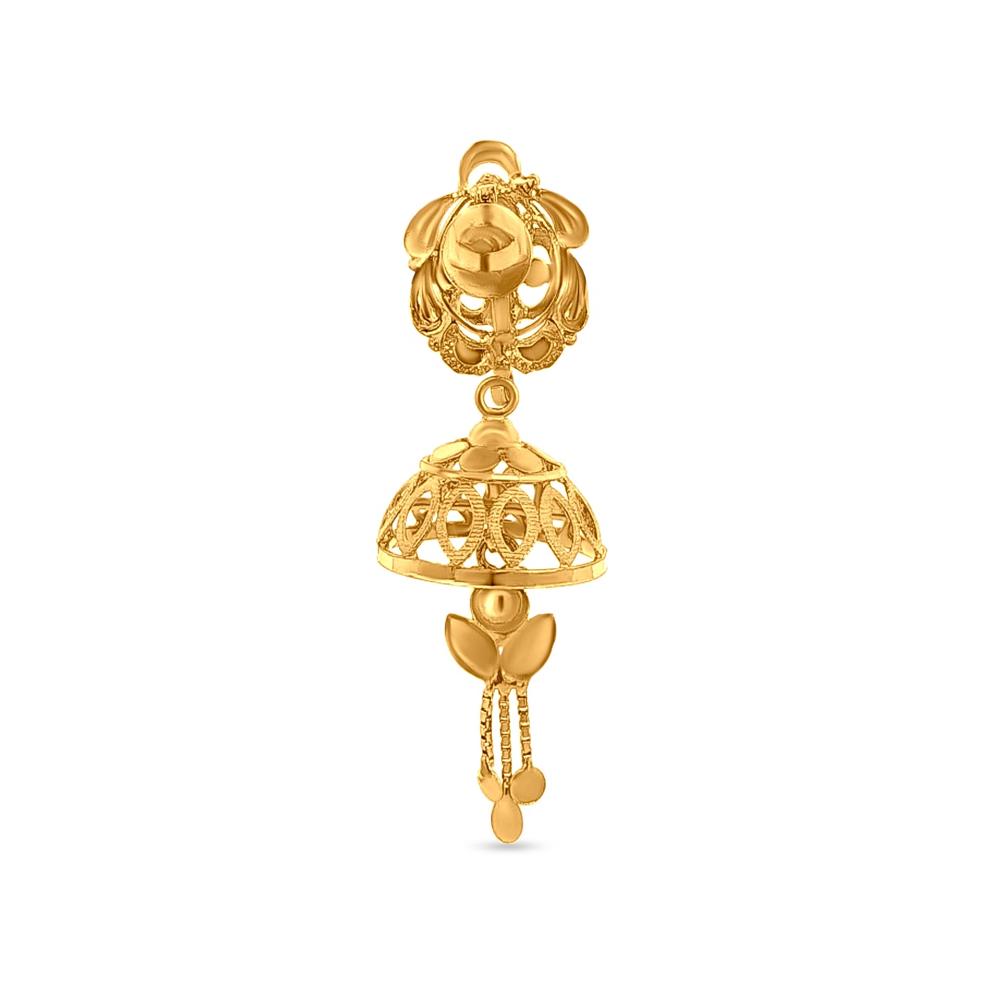 Aisha 22K Yellow Gold Minimalistic Jhumkas with Hanging Trinklets