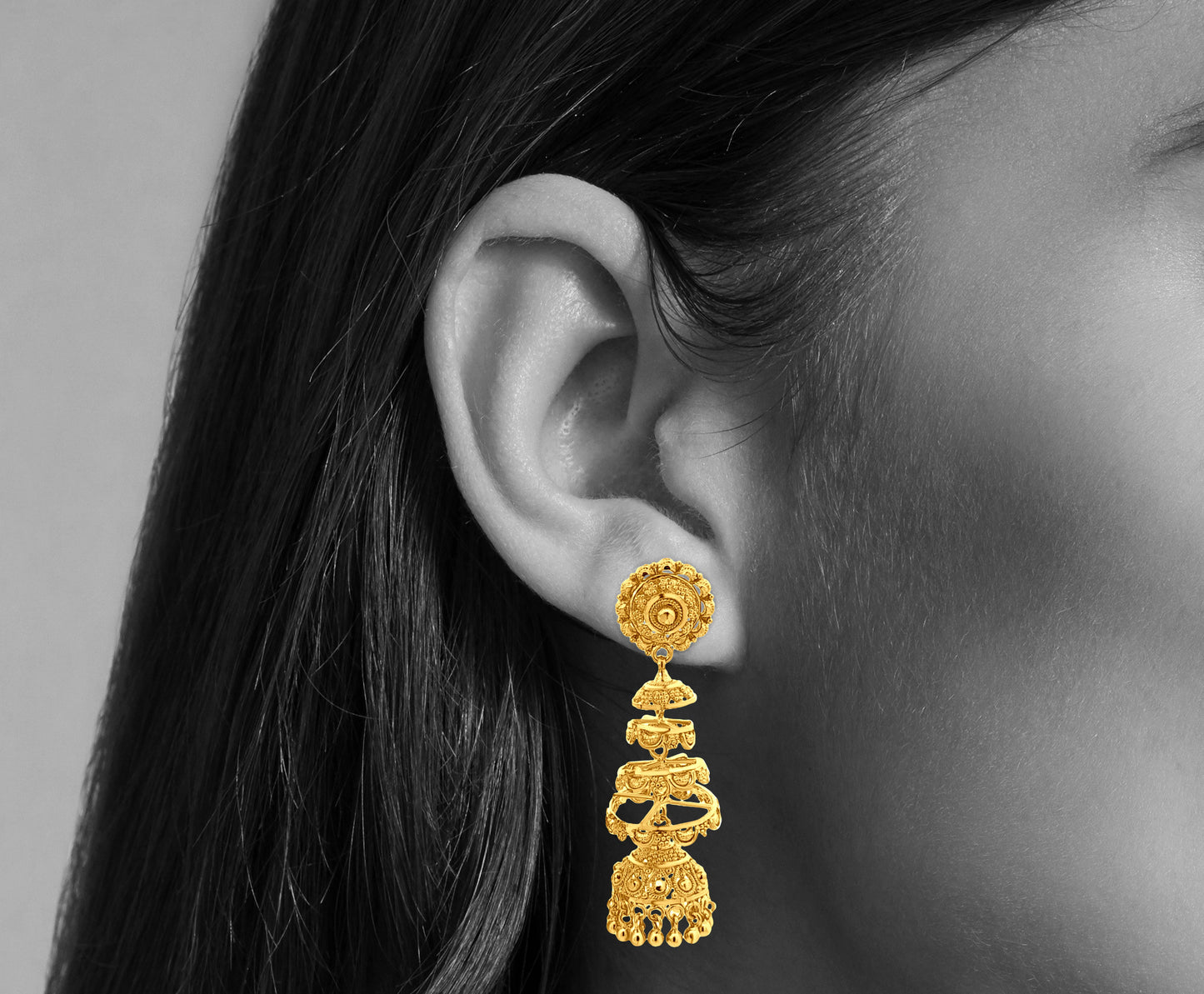 Radhika 22K Yellow Gold Intricate Jhumkas with Hanging Golden Balls