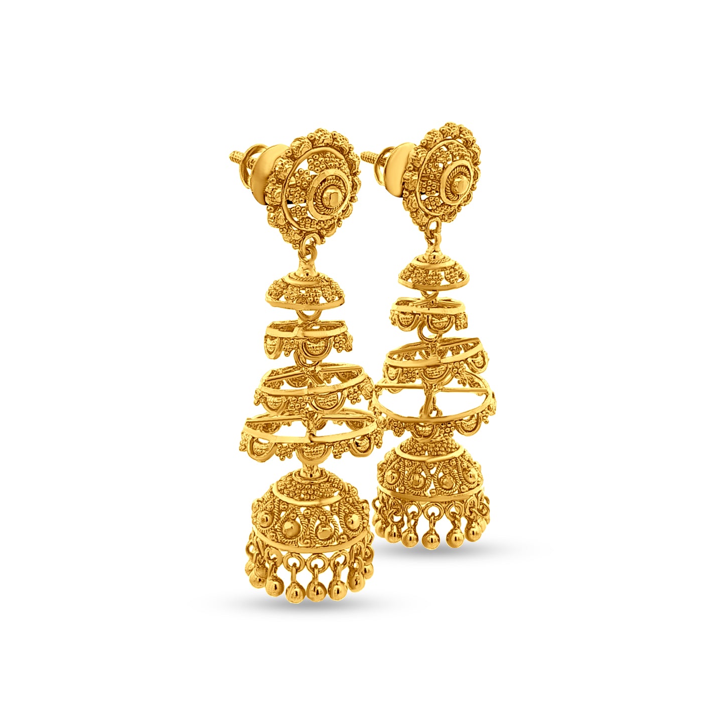 Radhika 22K Yellow Gold Intricate Jhumkas with Hanging Golden Balls