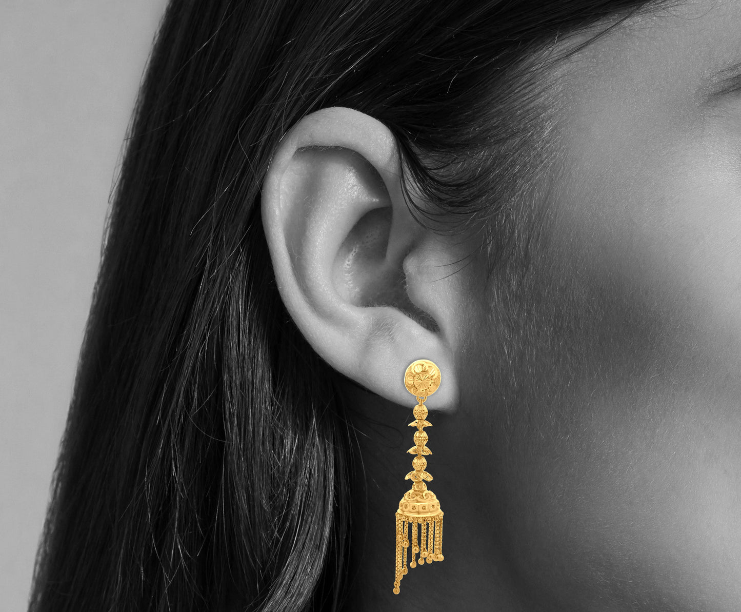 Anika 22K Yellow Gold Long Hanging Classical Jhumka Earrings