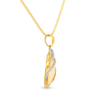 Pushpanna: 22K Yellow Gold Pink Stone Pendant with Leaf Carvings