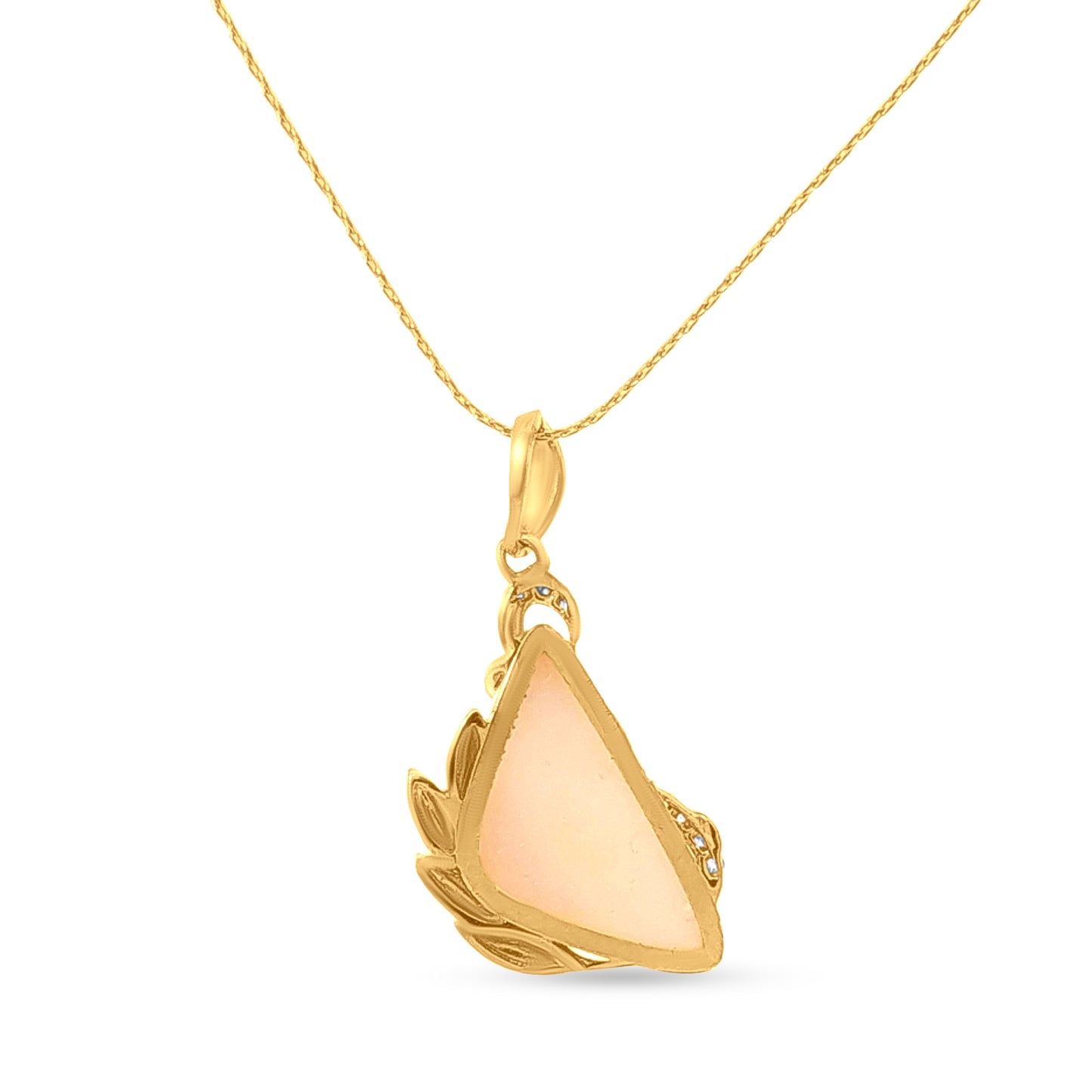 Pushpanna: 22K Yellow Gold Pink Stone Pendant with Leaf Carvings