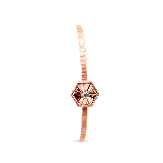 18k Rose Gold Stripe Heptagon Shape Bangle with Solitaire and Safety Lock - Perfect for Any Occasion