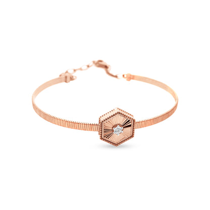 18k Rose Gold Stripe Heptagon Shape Bangle with Solitaire and Safety Lock - Perfect for Any Occasion