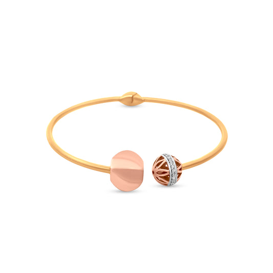 18k Yellow Gold Cuff Bangle with Unique planet -inspired Motif and Cubic Zirconia Accent