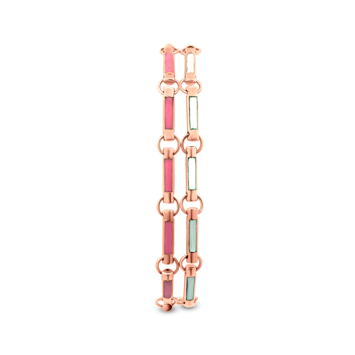 Trendy 18k Rose Gold Stacked Link Chain Two Bracelet with White and Pink Enamel