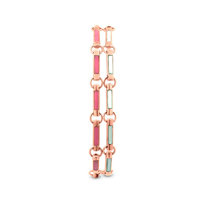 Trendy 18k Rose Gold Stacked Link Chain Two Bracelet with White and Pink Enamel