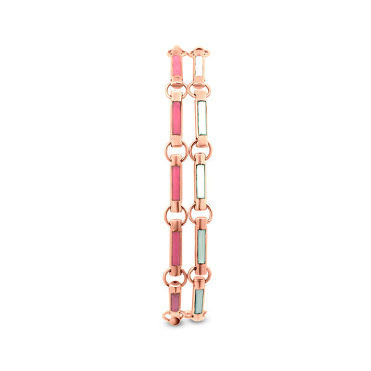Trendy 18k Rose Gold Stacked Link Chain Two Bracelet with White and Pink Enamel