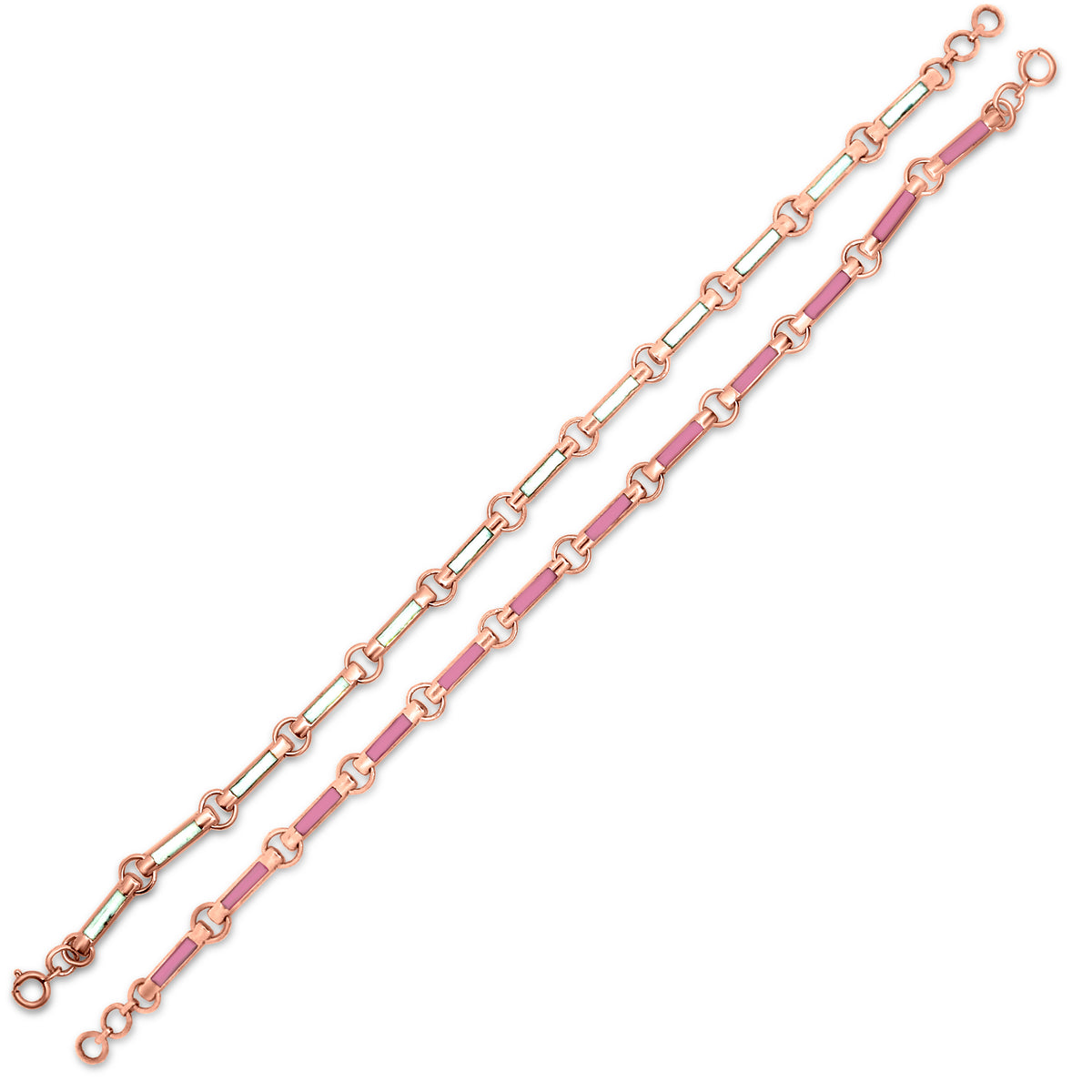 Trendy 18k Rose Gold Stacked Link Chain Two Bracelet with White and Pink Enamel