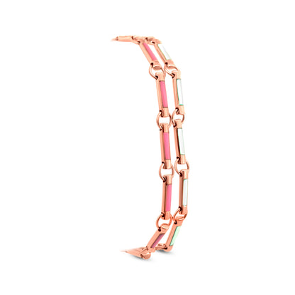 Trendy 18k Rose Gold Stacked Link Chain Two Bracelet with White and Pink Enamel