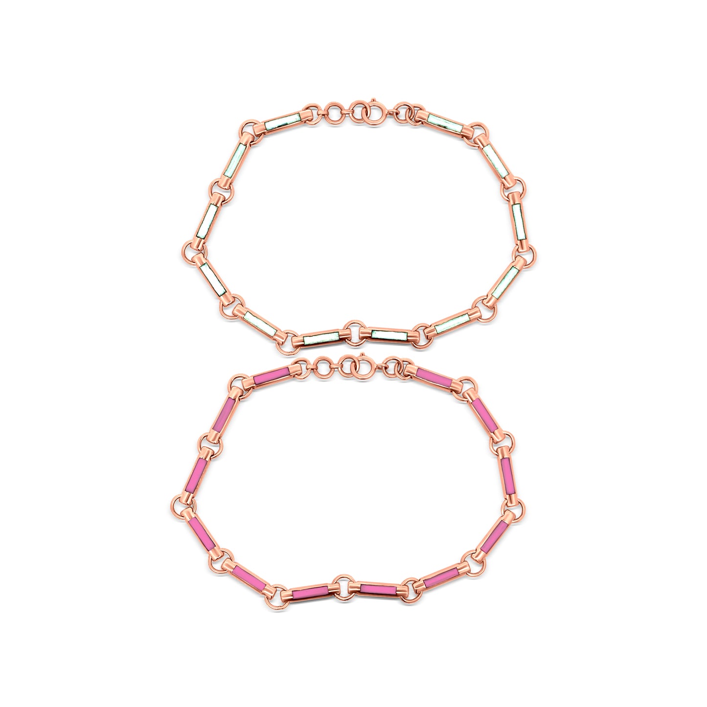 Trendy 18k Rose Gold Stacked Link Chain Two Bracelet with White and Pink Enamel