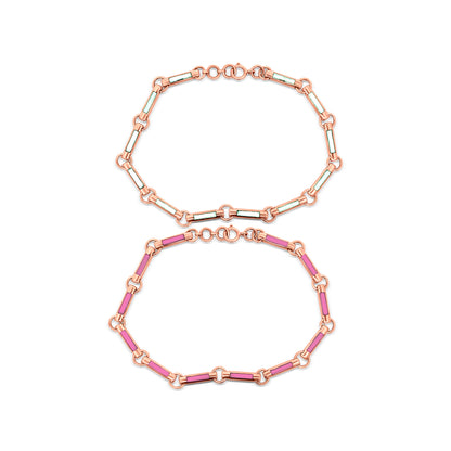 Trendy 18k Rose Gold Stacked Link Chain Two Bracelet with White and Pink Enamel
