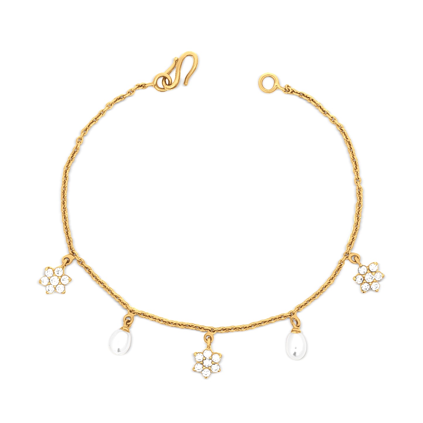 Aaradhyas Charm : 22k Yellow Gold Zirconia and Moti Floral Bracelet