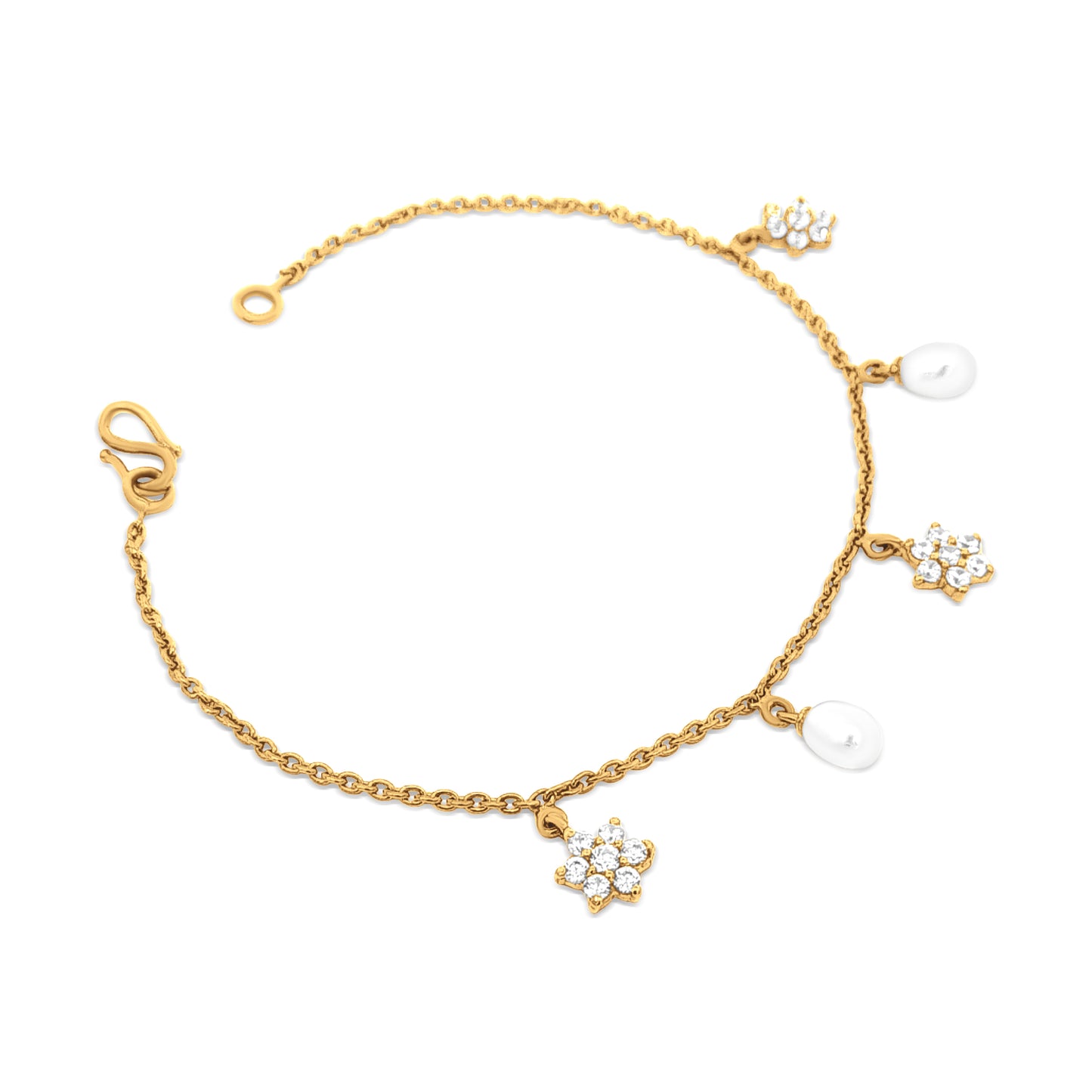 Aaradhyas Charm : 22k Yellow Gold Zirconia and Moti Floral Bracelet