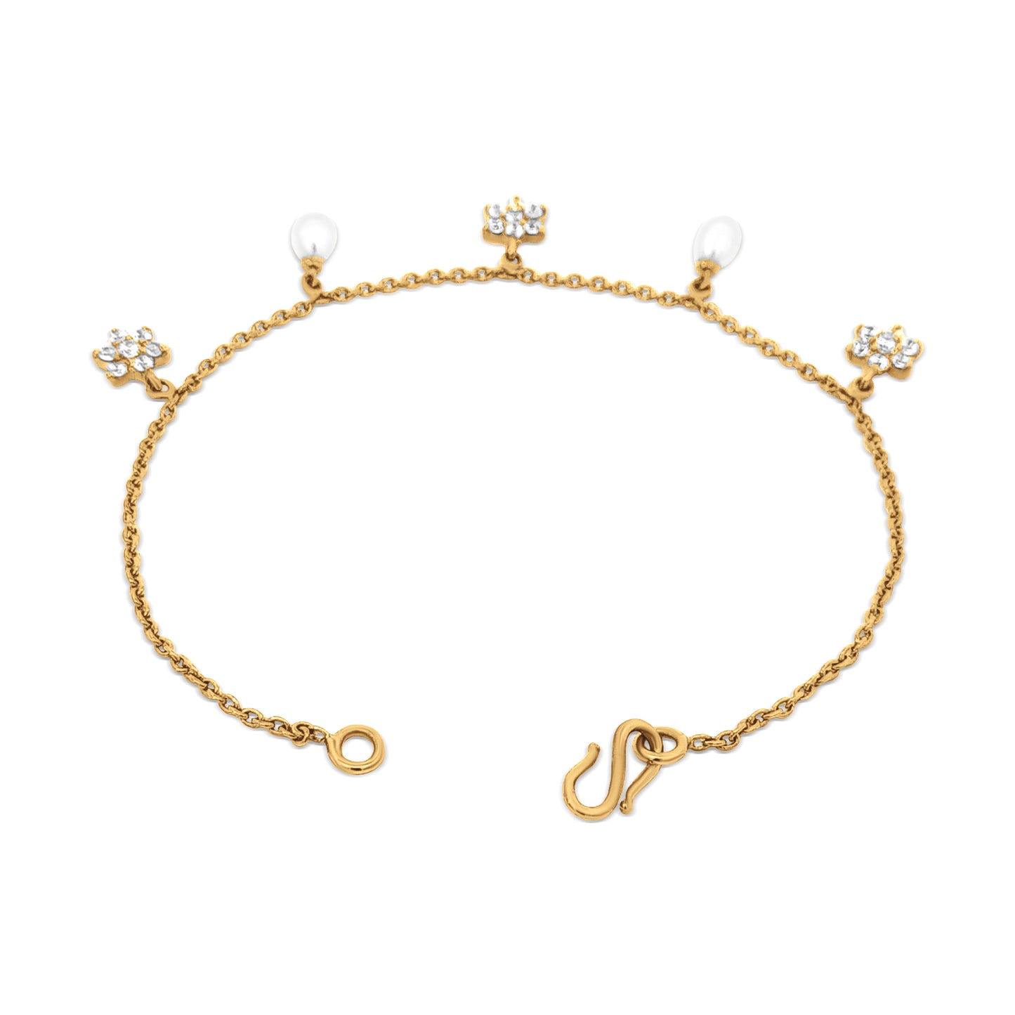 Aaradhyas Charm : 22k Yellow Gold Zirconia and Moti Floral Bracelet