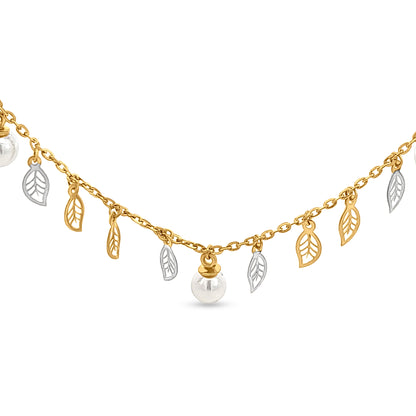 Ashiyana 18K White and Yellow Gold Charm Necklace with Pearls and Leaves