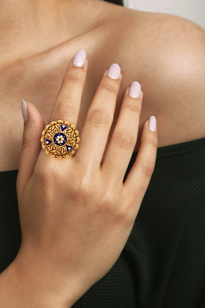 Neel Swarn Harmony: 22k Yellow Gold Blue Enamel Dome Ring, Fusion of Tradition and Contemporary Art