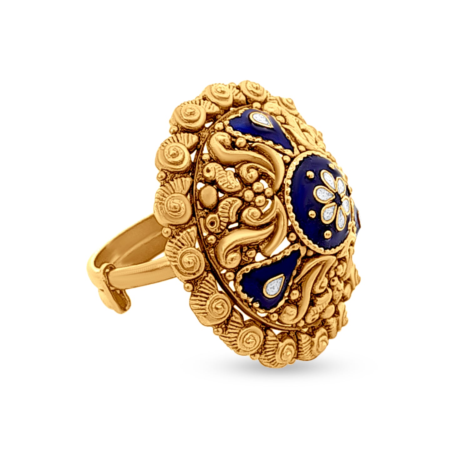 Neel Swarn Harmony: 22k Yellow Gold Blue Enamel Dome Ring, Fusion of Tradition and Contemporary Art