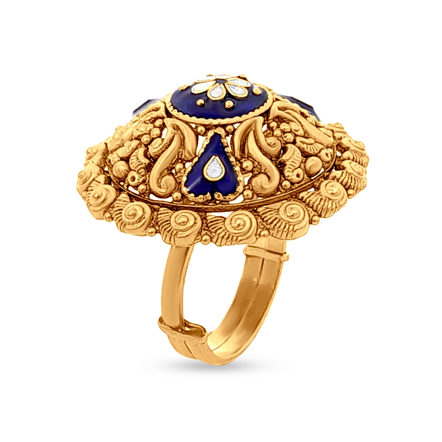 Neel Swarn Harmony: 22k Yellow Gold Blue Enamel Dome Ring, Fusion of Tradition and Contemporary Art