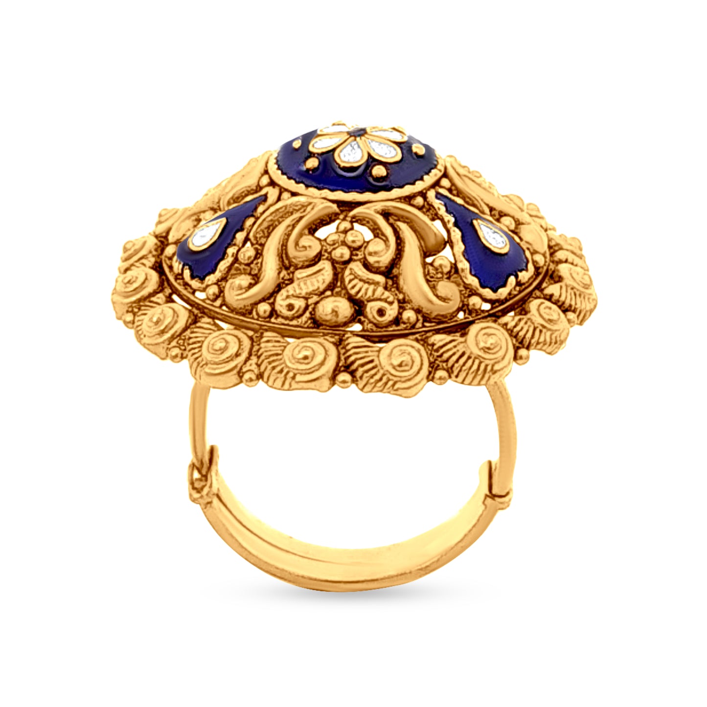 Neel Swarn Harmony: 22k Yellow Gold Blue Enamel Dome Ring, Fusion of Tradition and Contemporary Art