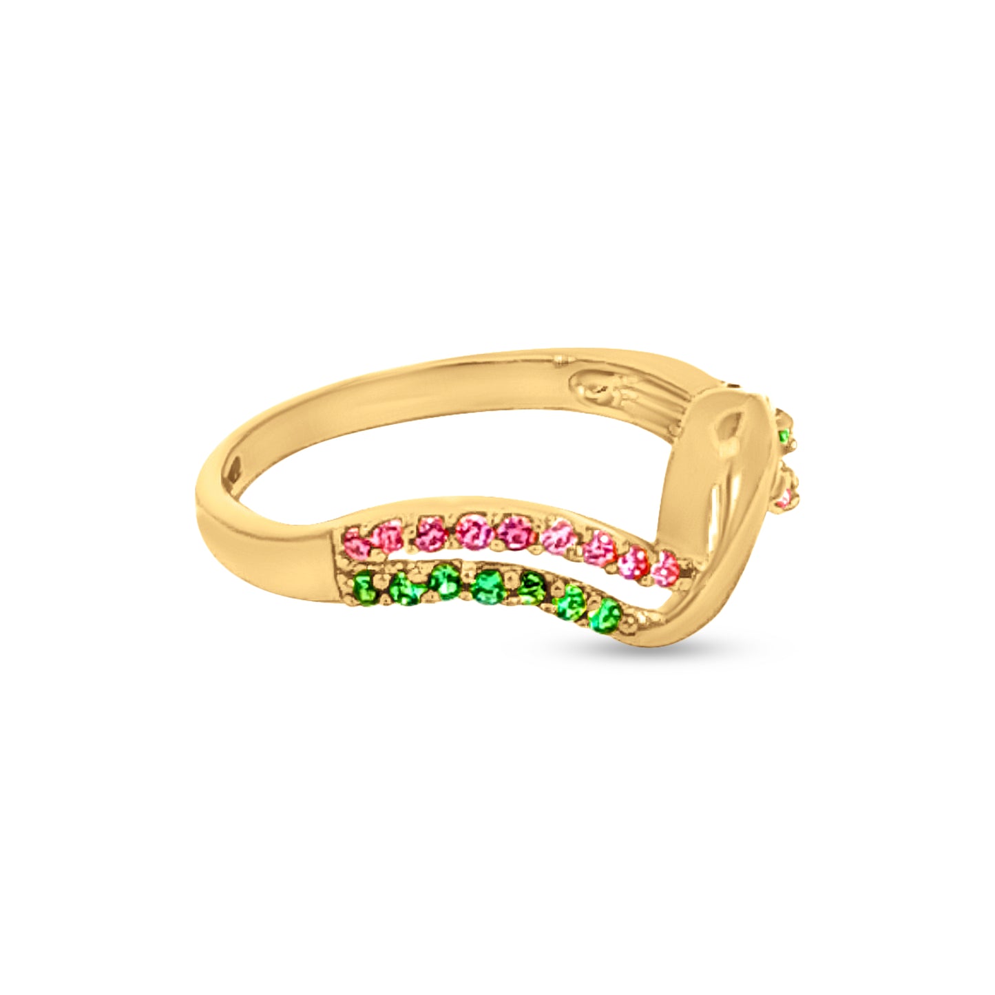 Tarangini 22k Yellow Gold Wave Ring with Green and Pink Stones