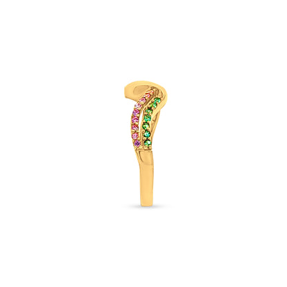 Tarangini 22k Yellow Gold Wave Ring with Green and Pink Stones