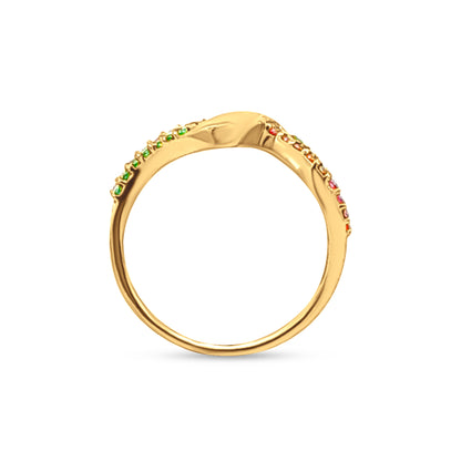 Tarangini 22k Yellow Gold Wave Ring with Green and Pink Stones