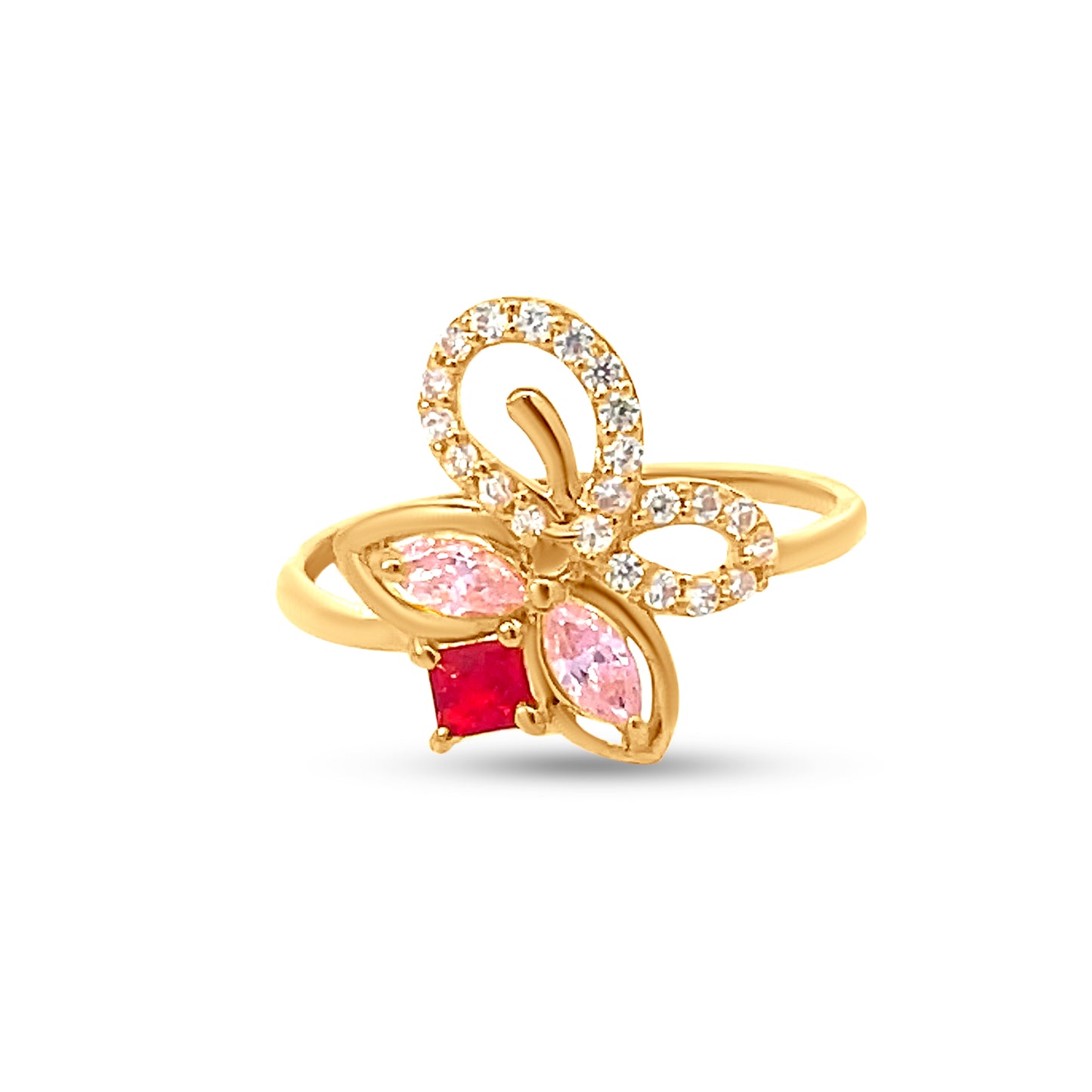 22K Yellow Gold Butterfly Motif Ring with Pink Stones and Cubic Zirconia
