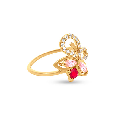 22K Yellow Gold Butterfly Motif Ring with Pink Stones and Cubic Zirconia