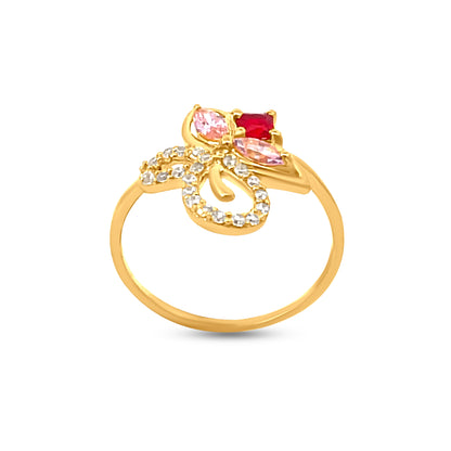 22K Yellow Gold Butterfly Motif Ring with Pink Stones and Cubic Zirconia