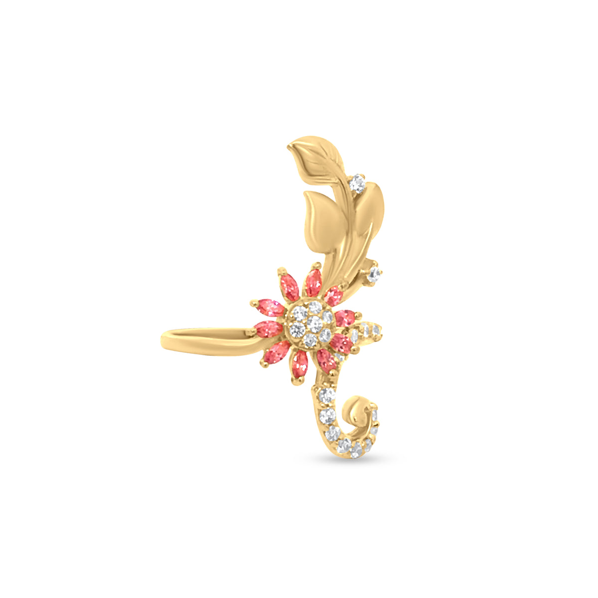 22K Yellow Gold Floral and Leaf Cubic Zirconia and Color Stone Ring