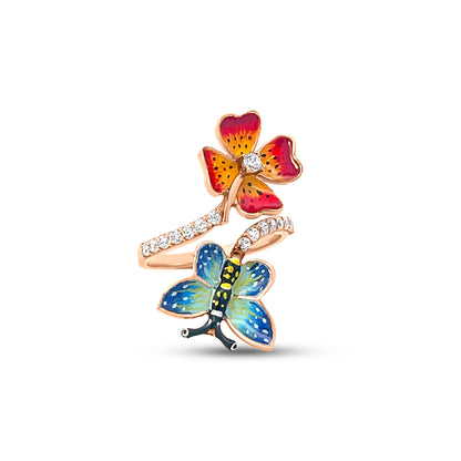 18K Rose Gold Nature-Inspired Floral and Butterfly Cuff Ring