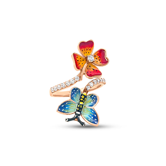 18K Rose Gold Nature-Inspired Floral and Butterfly Cuff Ring