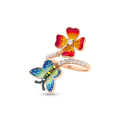18K Rose Gold Nature-Inspired Floral and Butterfly Cuff Ring