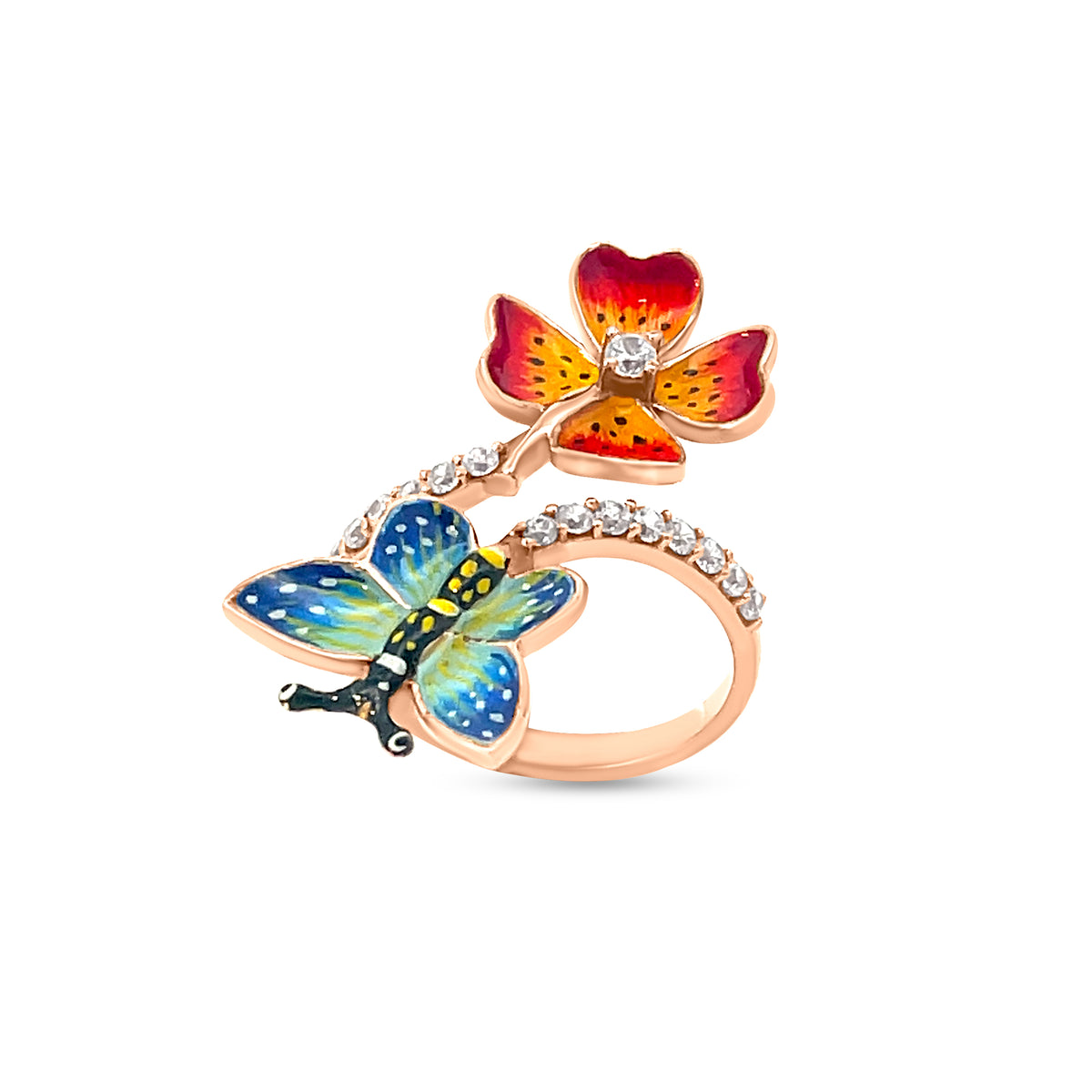 18K Rose Gold Nature-Inspired Floral and Butterfly Cuff Ring