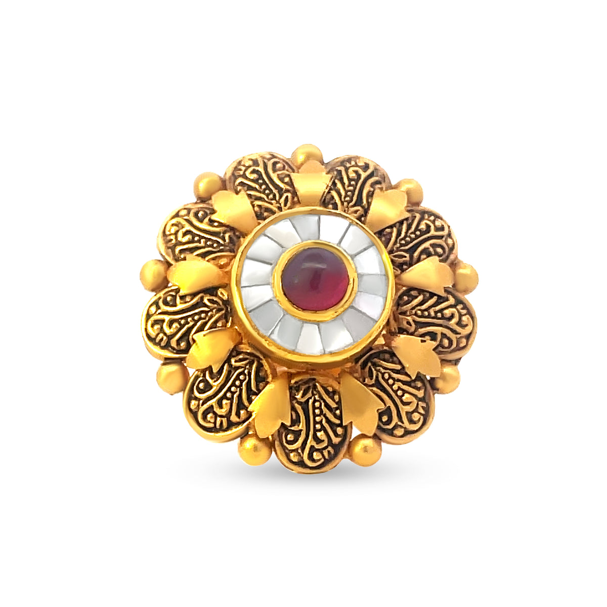 22k Yellow Gold Antique Halo Ring with Polki and Ruby color Red Stone: