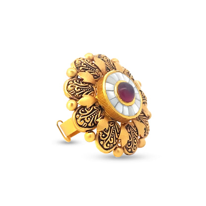 22k Yellow Gold Antique Halo Ring with Polki and Ruby color Red Stone: