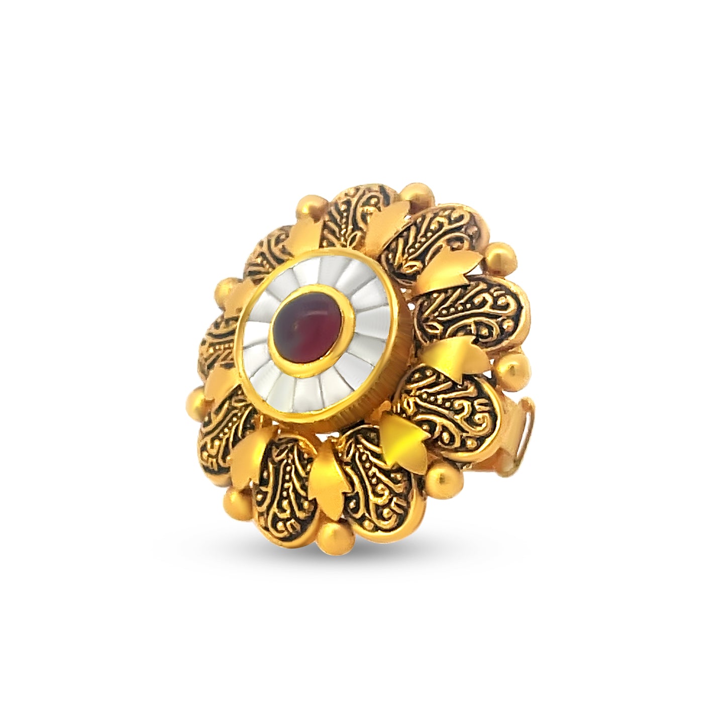22k Yellow Gold Antique Halo Ring with Polki and Ruby color Red Stone: