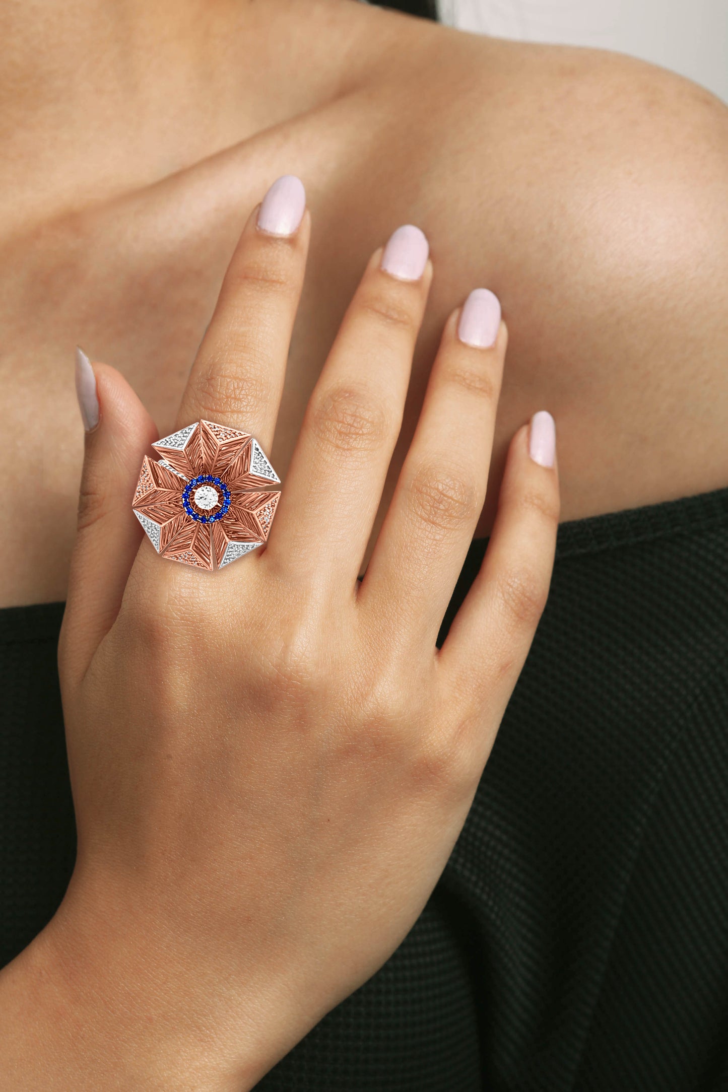 Tarangini 18k Rose Gold Modern Cocktail Ring with Cubic Zirconia and Blue Stone