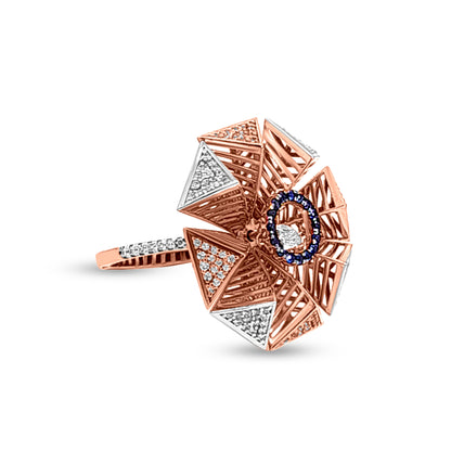 Tarangini 18k Rose Gold Modern Cocktail Ring with Cubic Zirconia and Blue Stone