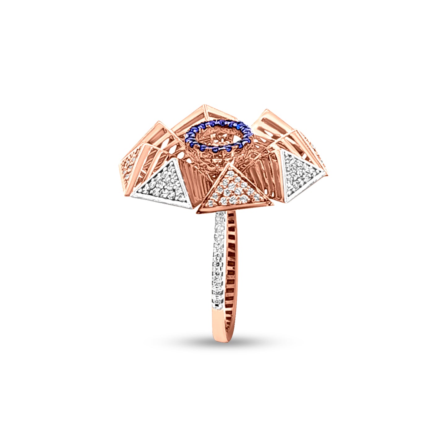 Tarangini 18k Rose Gold Modern Cocktail Ring with Cubic Zirconia and Blue Stone