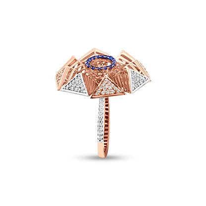 Tarangini 18k Rose Gold Modern Cocktail Ring with Cubic Zirconia and Blue Stone