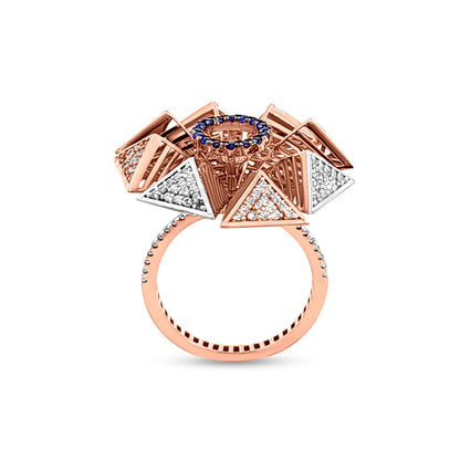 Tarangini 18k Rose Gold Modern Cocktail Ring with Cubic Zirconia and Blue Stone