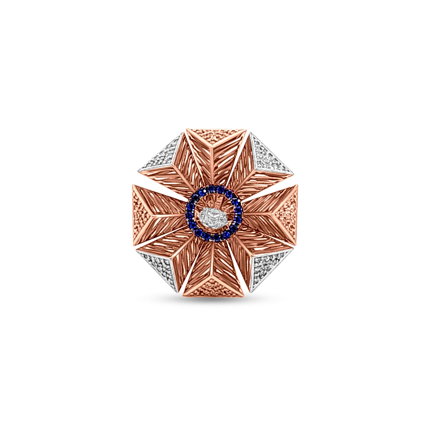 Tarangini 18k Rose Gold Modern Cocktail Ring with Cubic Zirconia and Blue Stone