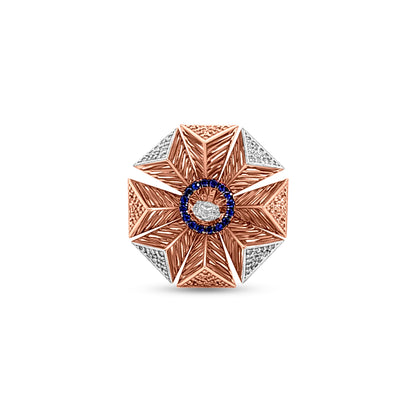Tarangini 18k Rose Gold Modern Cocktail Ring with Cubic Zirconia and Blue Stone