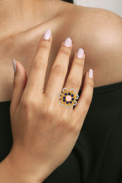 Amrita 18k Yellow Gold Pink and Blue Stone Studded Flower Bouquet Ring with Dazzling Zirconia
