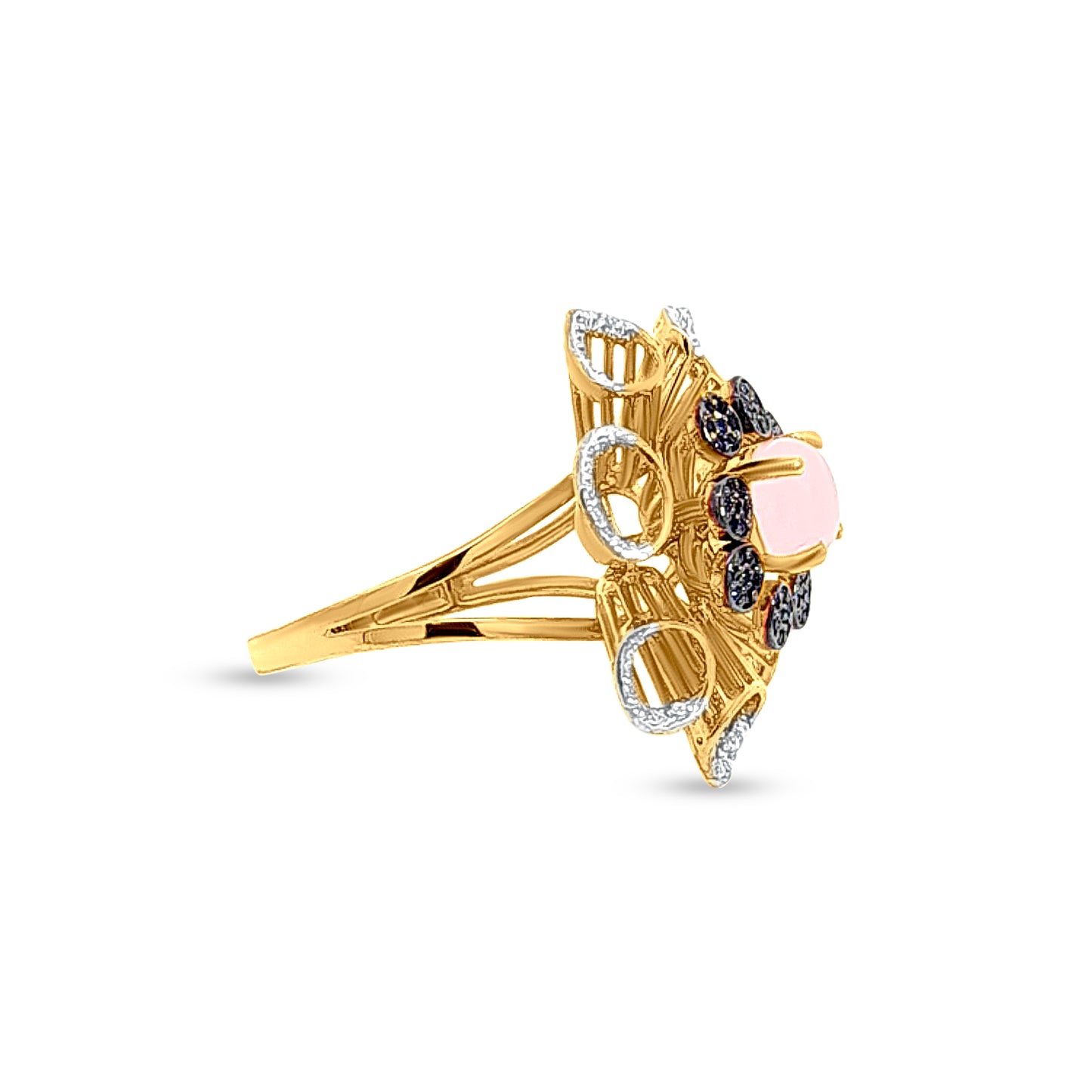 Amrita 18k Yellow Gold Pink and Blue Stone Studded Flower Bouquet Ring with Dazzling Zirconia