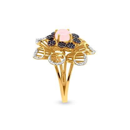 Amrita 18k Yellow Gold Pink and Blue Stone Studded Flower Bouquet Ring with Dazzling Zirconia