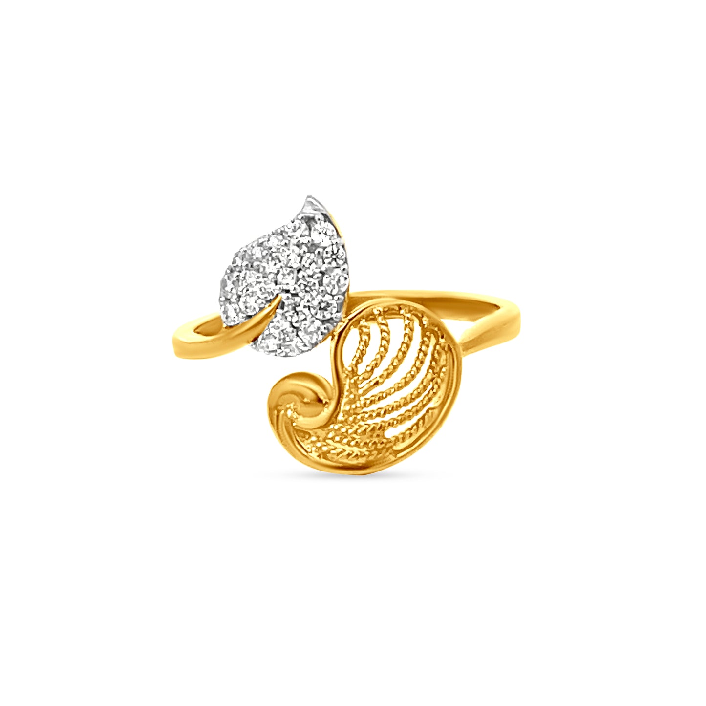 22K Yellow Gold Leaf Motif Cubic Zirconia Split Shank Ring