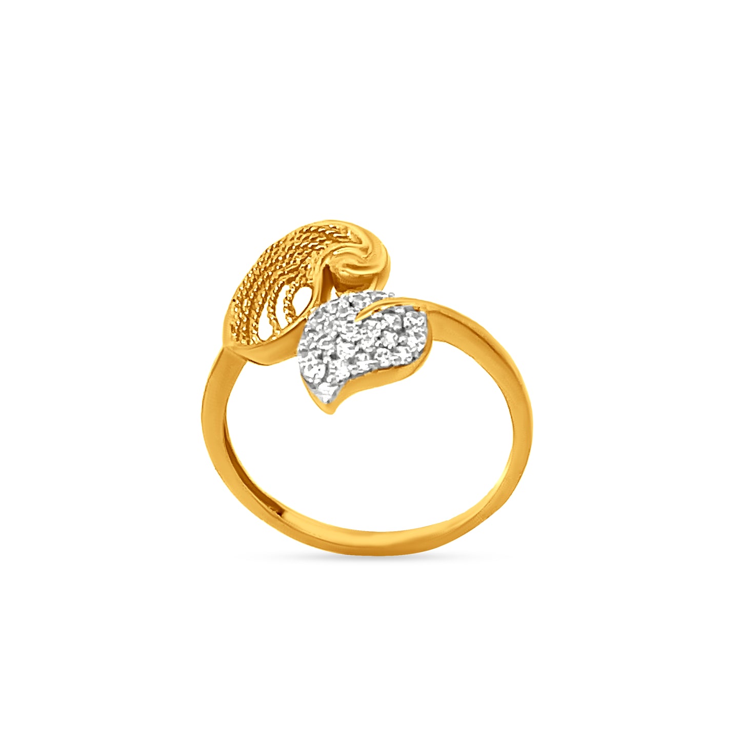 22K Yellow Gold Leaf Motif Cubic Zirconia Split Shank Ring